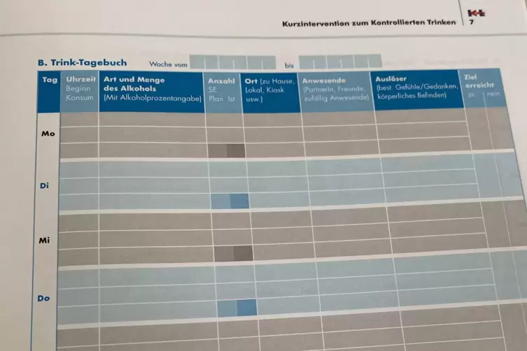 Trinktagebuch: geh&ouml;rt zu den Kursunterlagen beim &bdquo;Kontrollierten Trinken&ldquo;. 