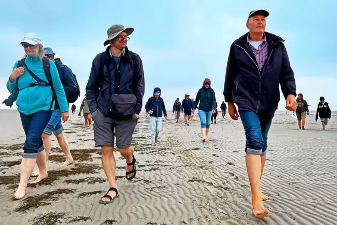 Andreas Hellmann (rechts) geleitet die Ausflügler auf Norderoogsand. Der Friese hat immer einen flotten Spruch auf den Lippen un