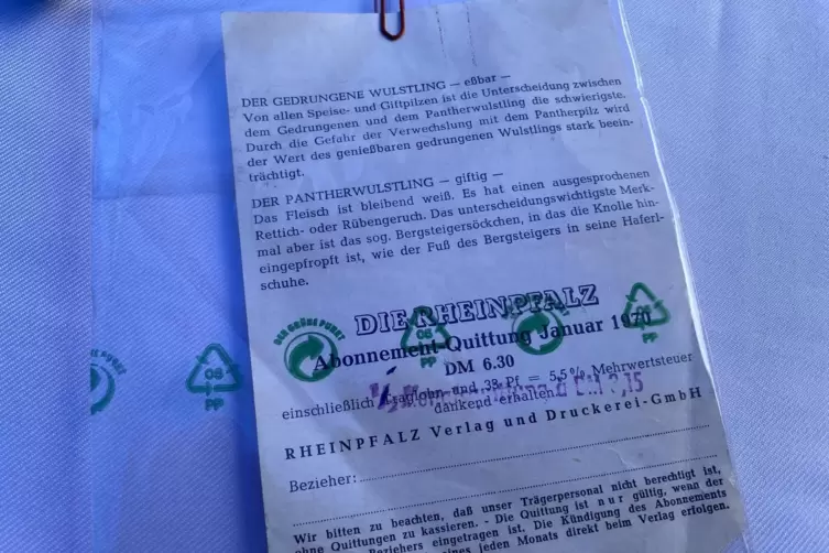Ein besonderes Relikt: die Quittung eines RHEINPFALZ-Abos aus dem Jahr 1970. Helga Horbach hat sie aufgehoben.