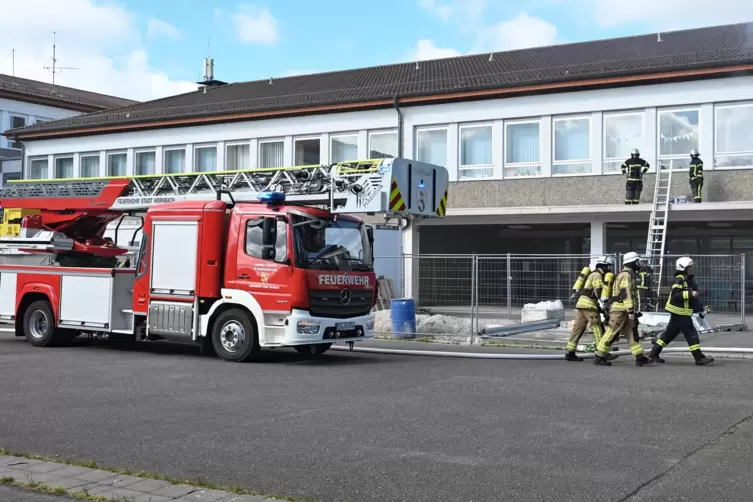 Zuerst k&uuml;mmert sich die Feuerwehr aus dem Bitscher-Land um den Schwerverletzten auf dem Dachvorsprung. Die Drehleiter der Hornba