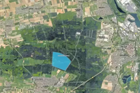 Das im Wald zwischen Bellheim, Westheim und Lustadt geplante Geothermiekraftwerk (das blaue Feld ist der Suchraum für eine geeig