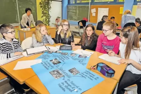 Die französischen und deutschen Schüler arbeiten gemeinsam an ihren Plakaten. Sprachbarrieren werden notfalls mit dem Google-Tra
