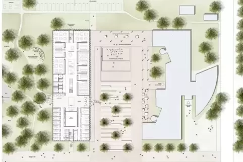 Links der Neubau der IGS Kandel, rechts der intakte Teil der alten Schule. Dazwischen ein Freigelände für Pausenhof und Veransta