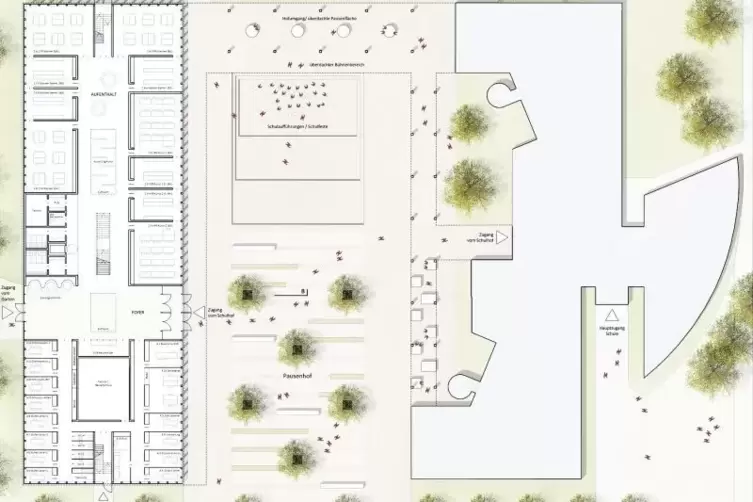 Links der Neubau, rechts der intakte Bereich der IGS Kandel mit der Aula.