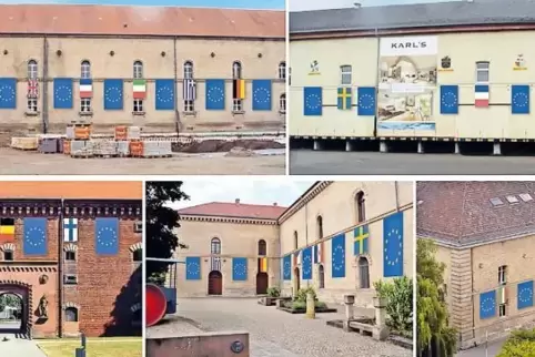 Die markanten Germersheimer Festungsgebäude werden am Festungsfestsonntag mit Europafahnen und den Flaggen der ;Mitgliedsländer 