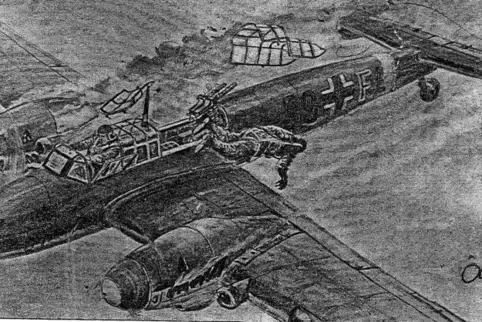 Die letzten Sekunden vor dem Absturz der Me 110, festgehalten in einer Zeichnung.