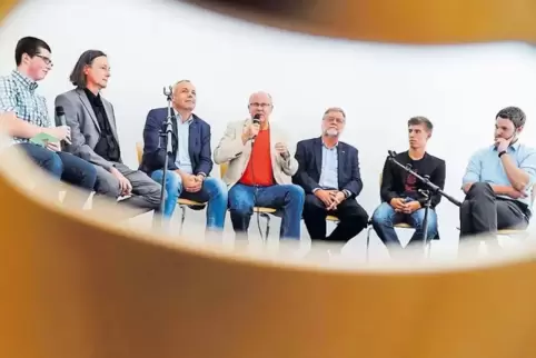 Podiumsdiskussion im Gymnasium mit (von links): Moderator Florian Langguth, Stefan Scheil (AfD), Alexander Ulrich (Die Linke), X