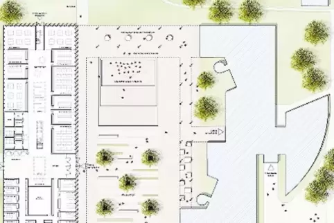 Links der geplante Neubau der IGS, rechts der Altbau. Oben der überdachte Verbindungsgang.