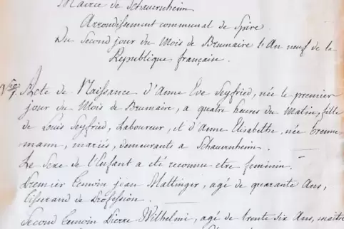 Historische Notiz: der erste französische Eintrag im Geburtsregister von Schauernheim zu napoleonischer Zeit.