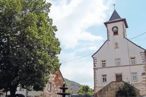 Lieblingsplatz des Bürgermeisters: die Dorfmitte mit Linde, Brunnen und Bürgerhaus. Den Dorfbrunnen haben die Lohnweilerer in Ei