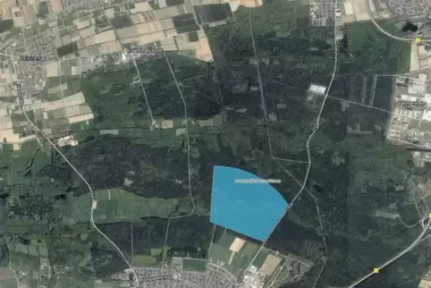 Der Suchraum (blaue Fläche) für die geeignete Geothermiebohrstelle: zwischen Bellheim, Lustadt, Westheim und Germersheim.