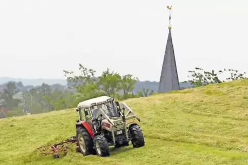 Die Kirchturmspitze verrät, wo dieses Foto entstand, das Kurt Schwab bei der Heuernte Mitte Juni zeigt: am Ortsrand von Maßweile