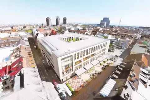 So soll das Geschäftshaus in K1 einmal aussehen, in das auch das Cinema Quadrat einziehen wird.