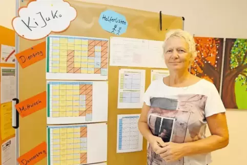 Interviewpartnerin Irene Jennes, die Leiterin des SOS-Kinderdorfes Pfalz in Eisenberg, zeigt die große Helferliste, die noch wei
