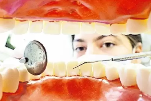 Zahnarzthelferin hinter einem künstlichen, überdimensionierten Gebiss.