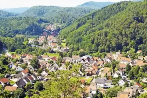 Aussicht vom „Birkenblick“: Ringsum der Pfälzerwald, dazwischen die Gemeinde Hinterweidenthal.