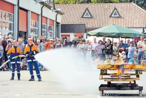 Ruckzuck gelöscht: Die Jugendfeuerwehr hatte den Brand des Holzstapels schnell im Griff.