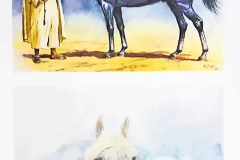 Wie der Onkel, so der Neffe: „Araber mit Pferd“, unten von Otto Dill, Entstehungszeit unbekannt, oben von Klaus Dill, 1985.