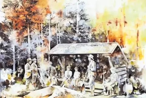 Absurde Jagdidylle: In „Die Lichtung“ hat Inna Artemova einen gestrandeten Wal gemalt.