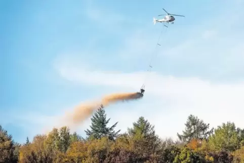 Zielgenau bringt der Hubschrauber den Kalk über den Waldparzellen aus, drei Tonnen pro Hektar.