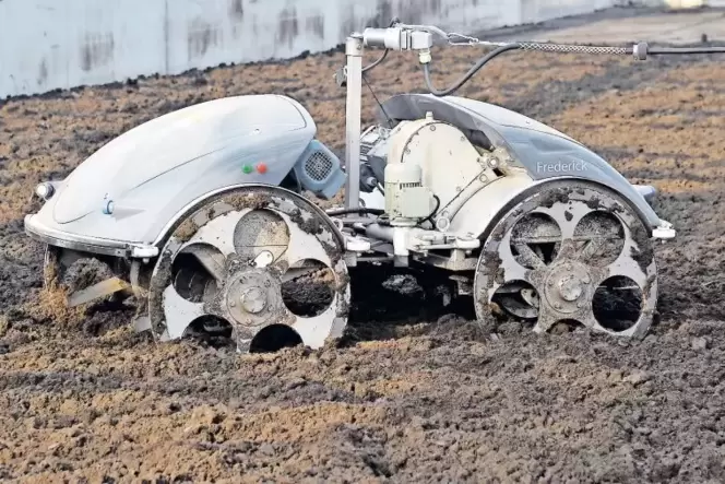 Dient zur Bodenbelüftung beim Trocknen von Klärschlamm: ein elektrisches »Schwein«. Dient zur Bodenbelüftung beim Trocknen von Klärschlamm: ein elektrisches »Schwein«.