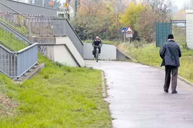 Auf der Südseite der Rheinbrücke wird es unter der Bahnbrücke dunkel und eng. Auf der Südseite der Rheinbrücke wird es unter der Bahnbrücke dunkel und eng.
