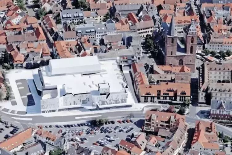 Ein Modell der umgebauten Einkaufsgalerie in ein Luftbild der Altstadt hineinprojiziert.