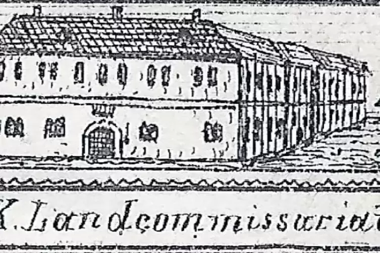 Das Geb&auml;ude des Landkommissariates Germersheim in der K&ouml;nigstra&szlig;e/Ecke K&ouml;nigsplatz in einer Darstellung aus den 1850er Jahren (h