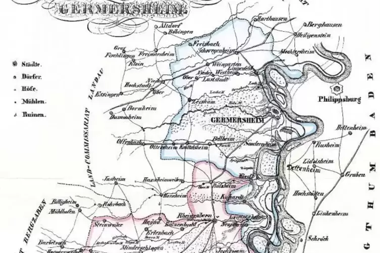 Karte des Landkommissariates Germersheim aus der Zeit von 1835 mit den beiden &bdquo;Kantonen&ldquo; Germersheim und Kandel.