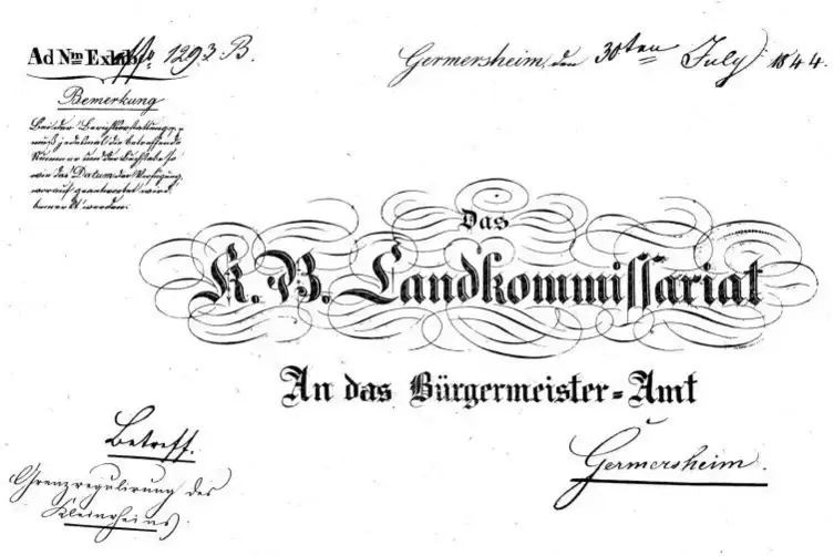 Schwungvoll und verschn&ouml;rkelt: Briefkopf des K&ouml;niglich-Bayerischen Landkommissariates Germersheim wie er im Jahr 1844 im Schrift