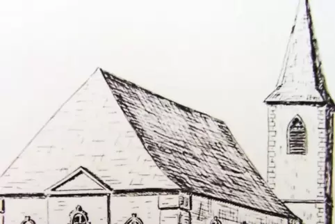 Zeichnung im Pfarrgedenkbuch 1862: die ehemalige Pfarrkirche von Harthausen (1786 bis 1872). Sie ist die Vorgängerkirche des heu