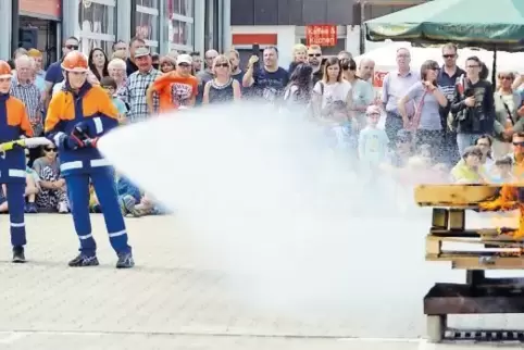 Tag der Feuerwehr in Dudenhofen 2017: Die Mitglieder der Jugendfeuerwehr löschen einen brennenden Holzstapel. Die beiden Jugendf