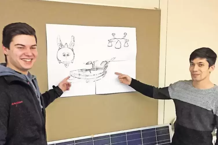 Julian Wenzel und Elham Hassen zeigen auf die Zeichnung, wie das Solarboot aussehen soll: Wie das Raumschiff Enterprise aus der 