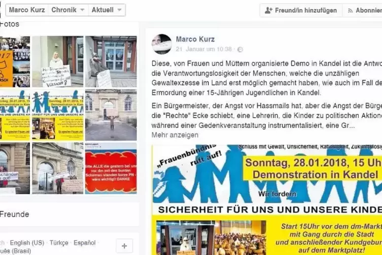 Demo-Aufruf auf der Facebook-Seite von Marco Kurz. Mehrfach im Bild die ehemalige Landauer AfD-Stadträtin Myriam Kern, die immer