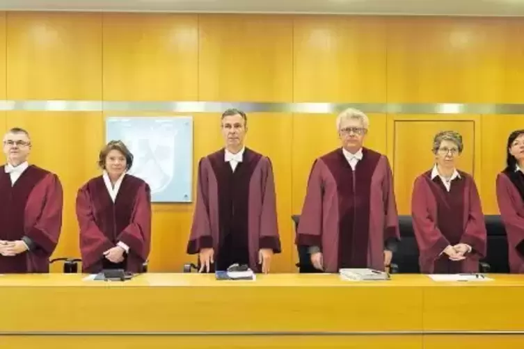 Der Verfassungsgerichtshof unter Vorsitz von Präsident Lars Brocker (Vierter von links) im Januar bei der mündlichen Verhandlung