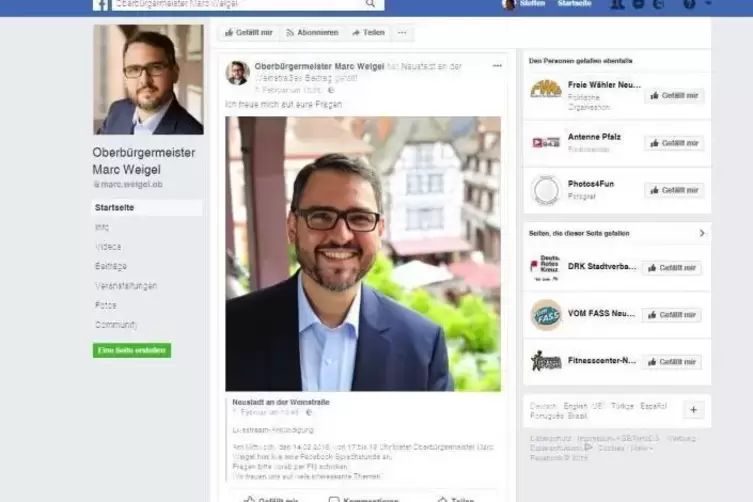 Der Neustadter Oberbürgermeister Marc Weigel ist recht aktiv auf Facebook. Screenshot: ffg