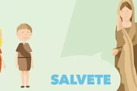 „Salvete – seid gegrüßt“ sagt das Mädchen zu der Dame. Szene aus dem Werbefilm für Latein.