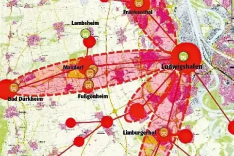 Die Karte zeigt die Hauptverkehrsströme im Rhein-Pfalz-Kreis mit Radwegverbindungen und Umsteigepunkten in die Bahn. An den Spit