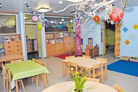 Das ist der Raum für die neue Mäusegruppe, eine altersgemischte Gruppe für Kinder von zwei bis sechs Jahren.