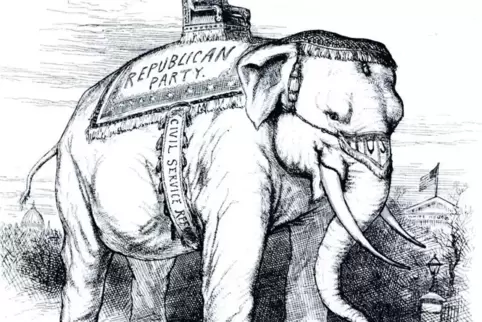 Der heilige Elefant: „Dieses Tier wird sicherlich gewinnen“, steht unter der Karikatur vom 8. März 1884.