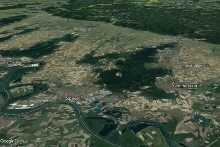 Der Knall wurde hauptsächlich in der südlichen Vorderpfalz gehört.  Screenshot: Google Earth / Landsat / Copernicus