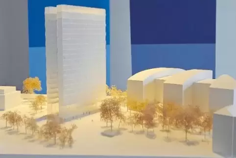So hätte es aussehen sollen: Der Siegerentwurf für das geplante, neue BASF-Hochhaus (links im Bild).