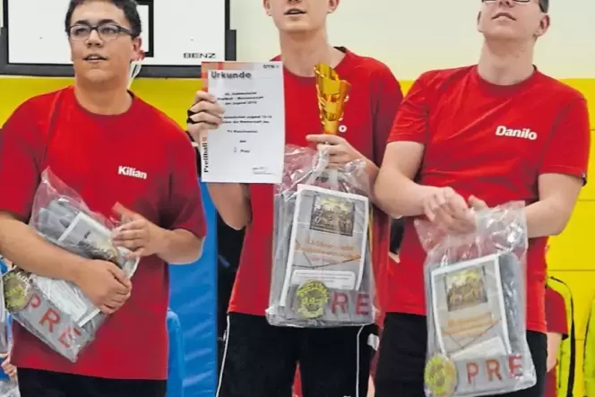 Wurden Dritte bei der süddeutschen Meisterschaft der Nachwuchs-Prellballer: die U18-Jungs des TV Rieschweiler mit (von links) Ki