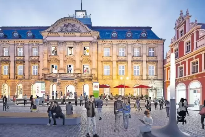 Mögliche Ansicht vom Postplatz aus: über dem Eingang die geplante Aussichtsplattform, vor dem Gebäude neue Stufen. Die Plattform Mögliche Ansicht vom Postplatz aus: über dem Eingang die geplante Aussichtsplattform, vor dem Gebäude neue Stufen. Die Plattform