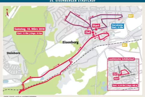 Der Streckenverlauf des Eisenberger Stadtlaufs: Zur Auswahl stehen ein langer (zehn Kilometer) und ein kurzer Rundkurs (fünf Kil