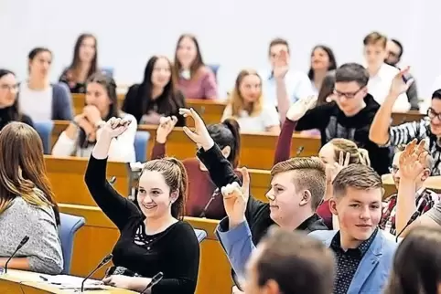 Spannende Debatten: Die Klasse 10b der Realschule plus aus Ramstein-Miesenbach bildet im Schüler-Landtag die Fraktion der „Reich