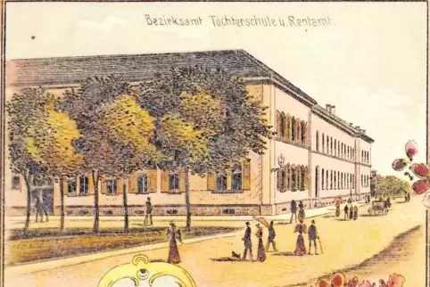 Das königliche Bezirksamt, dahinter entlang der Königstraße die „Höhere Töchterschule“ und das „Rentamt“ (Finanzamt) als Motiv e
