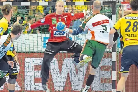 Zeigte erneut eine klasse Leistung: Löwen-Torhüter Mikael Appelgren, hier im Duell mit Wetzlars Joao Ferraz.