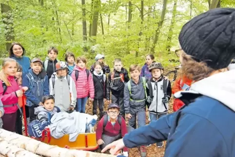 Sind ganz Ohr, wenn Waldpädagogin Christine Müller-Beblavy (rechts vorne) ihr Wissen weitergibt: die Kinder der Klasse 3a der Al