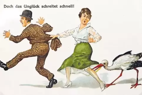 „Der Storch hat sie ins Bein gebissen“ war früher eine Umschreibung dafür, dass eine Frau schwanger ist. Diese alte Postkarte lä